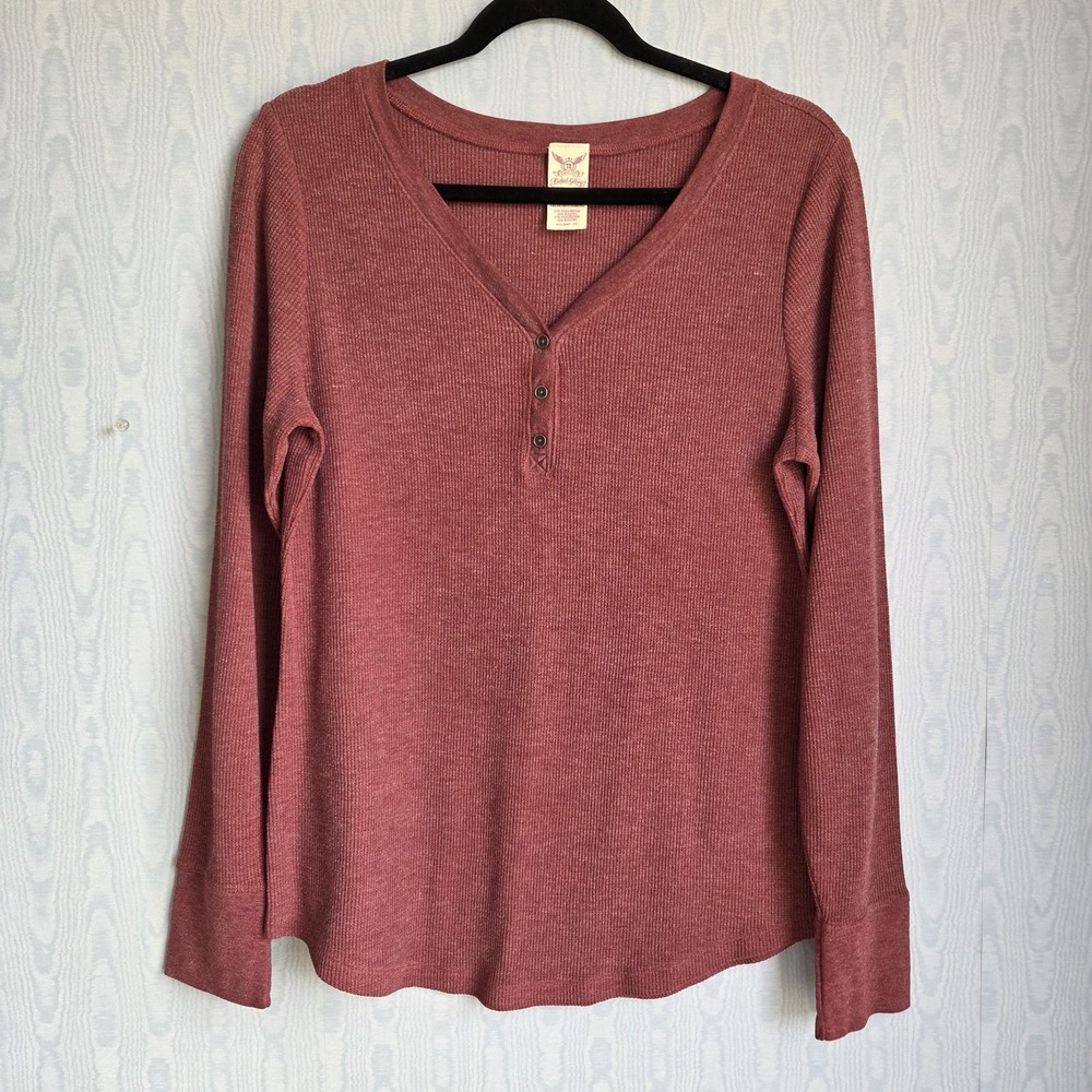 Vtg Y2K Faded Glory XL Waffle Knit Henley Burgundy Red Grunge Casual Thermal